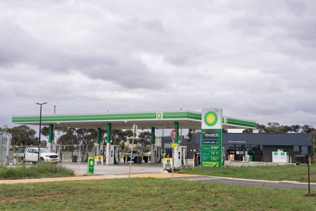 Octane service station with a BP canopy, price sign and forecourt
