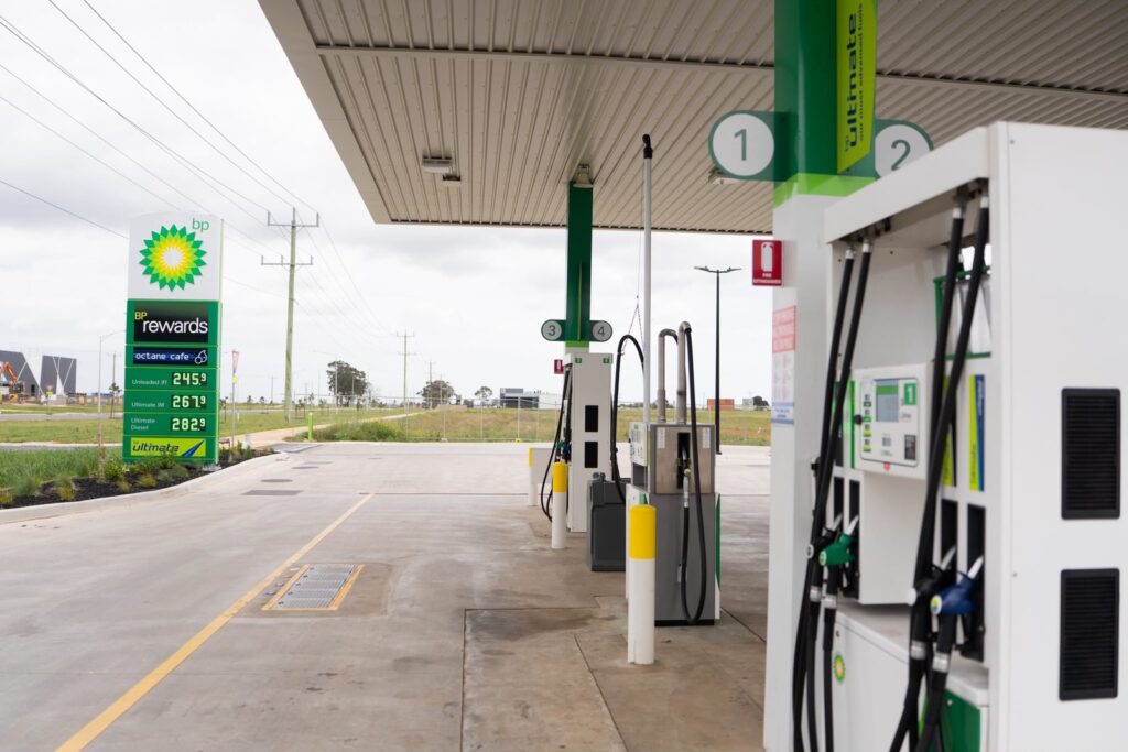 BP fuel pumps under the canopy at an Octane site