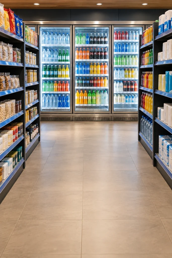 Stocked convenience store shelves and chilled drinks
