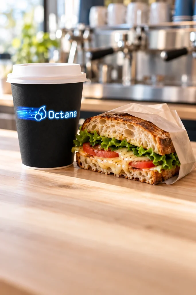 Black Octane takeaway coffee cup and a freshly toasted sandwich