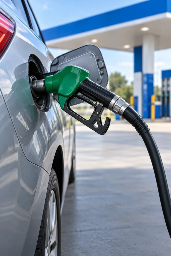 Fuel nozzle refuelling a silver car