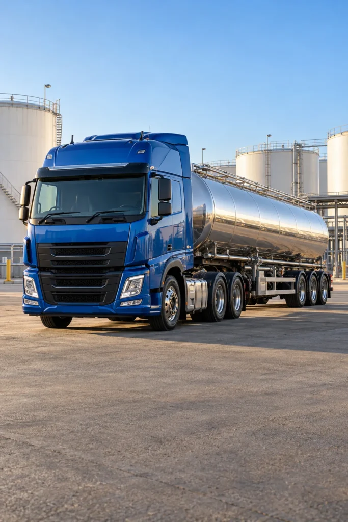 Blue fuel tanker at a bulk fuel distribution depot